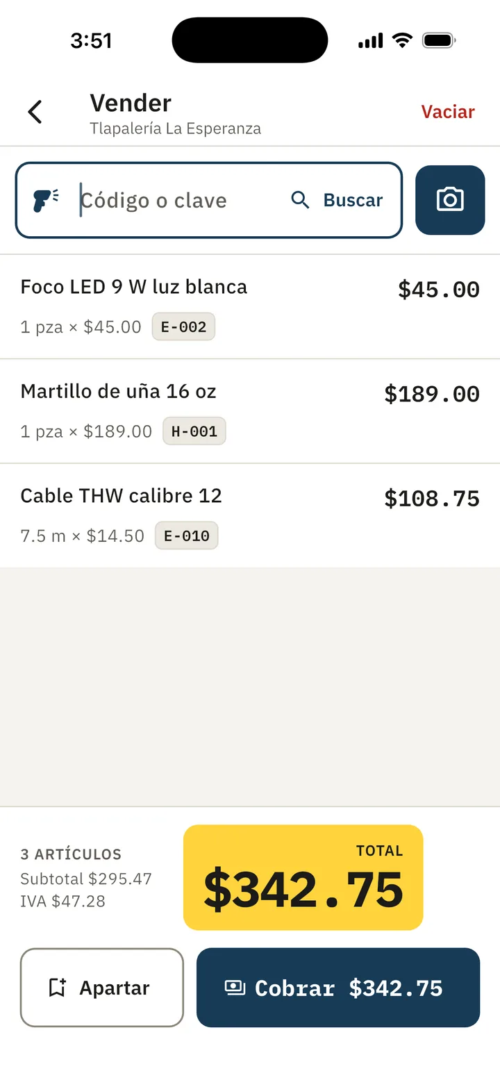 La cuenta con tres productos y el total en amarillo