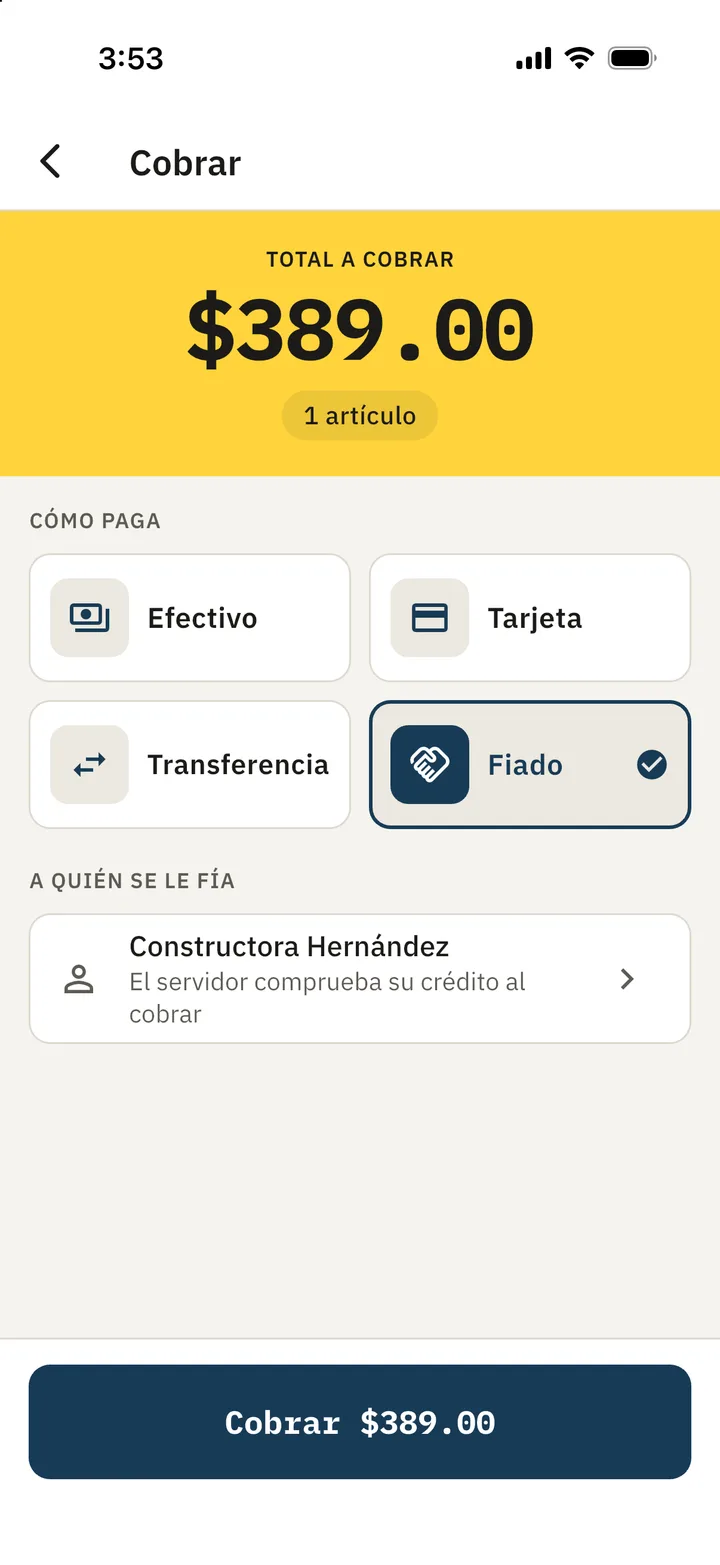 Cobrar $389.00 fiado a Constructora Hernández