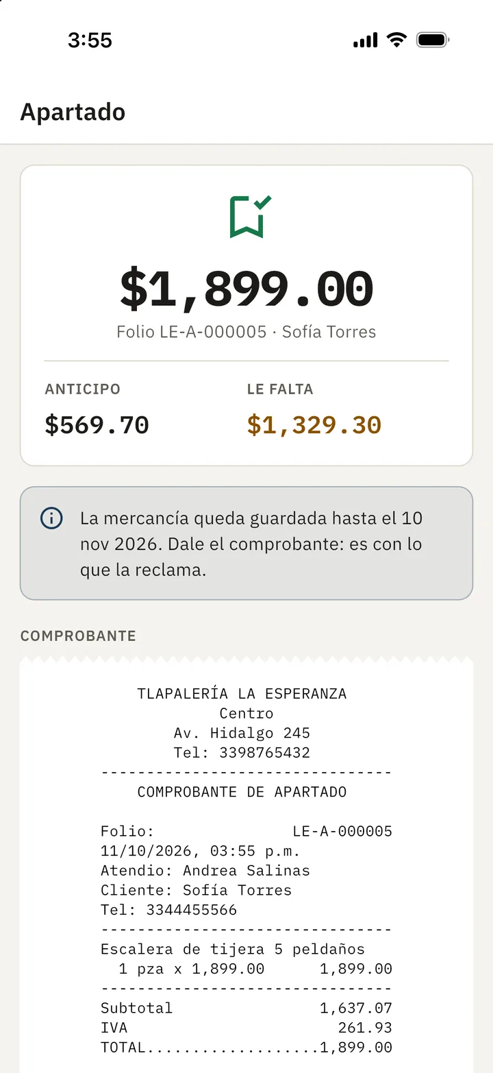Apartado LE-A-000005 de $1,899.00 con anticipo de $569.70 y su comprobante