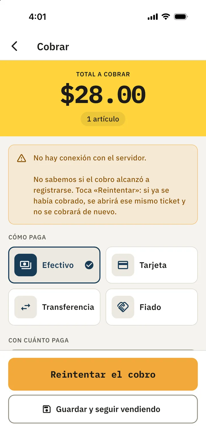 No hay conexión con el servidor: Reintentar el cobro o Guardar y seguir vendiendo
