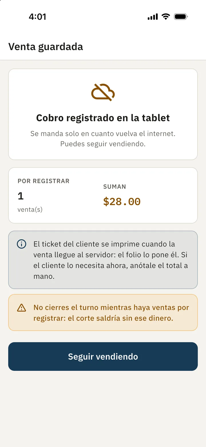 Venta guardada en la tablet: 1 venta por registrar que suma $28.00