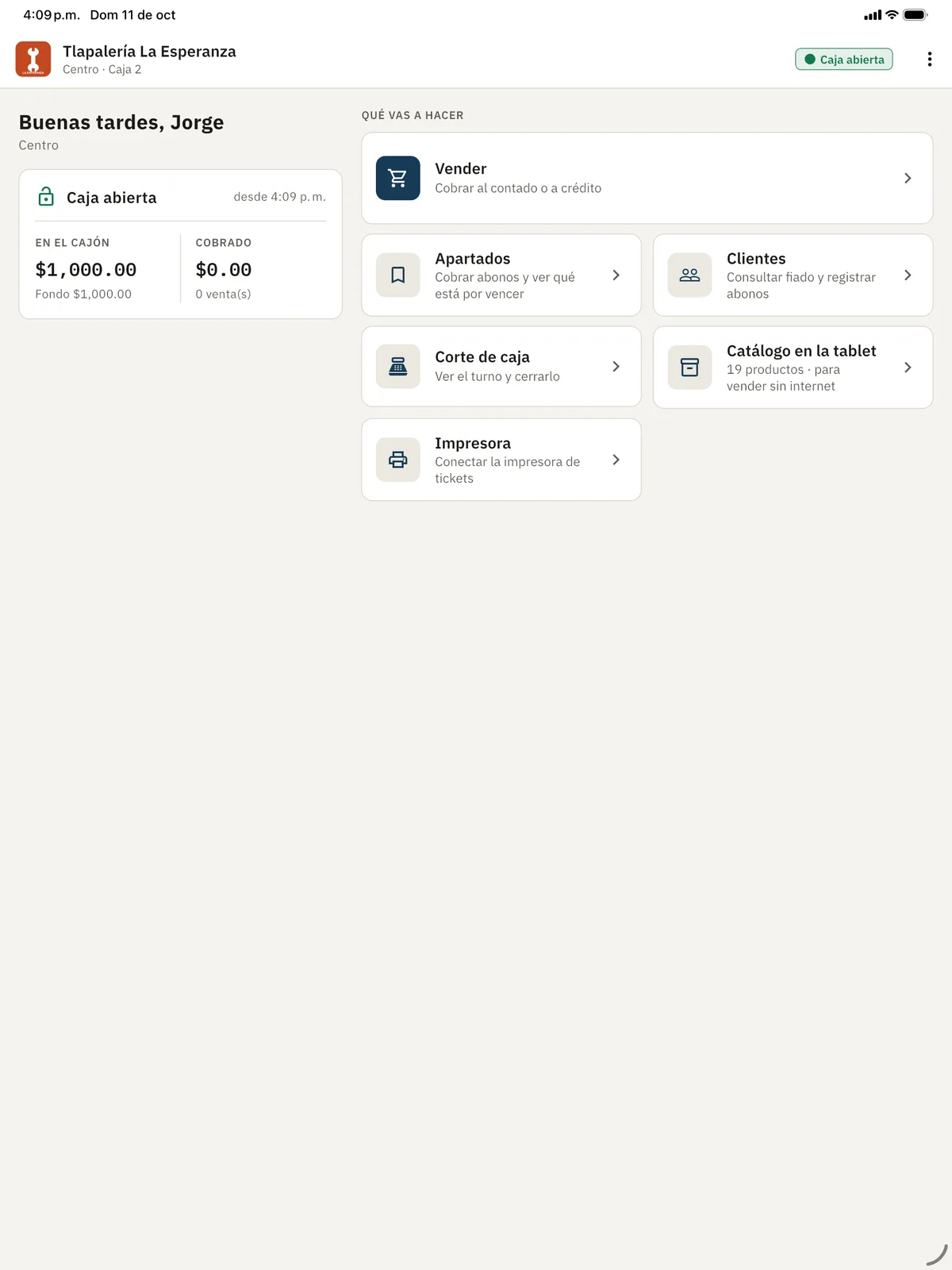 Inicio de la app de caja en la tablet: caja abierta, lo que hay en el cajón y los botones Vender, Apartados, Clientes y Corte de caja